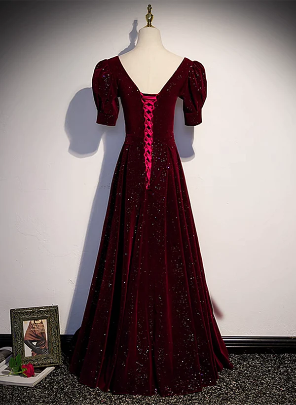 Vestido formal largo de terciopelo rojo vino con mangas cortas